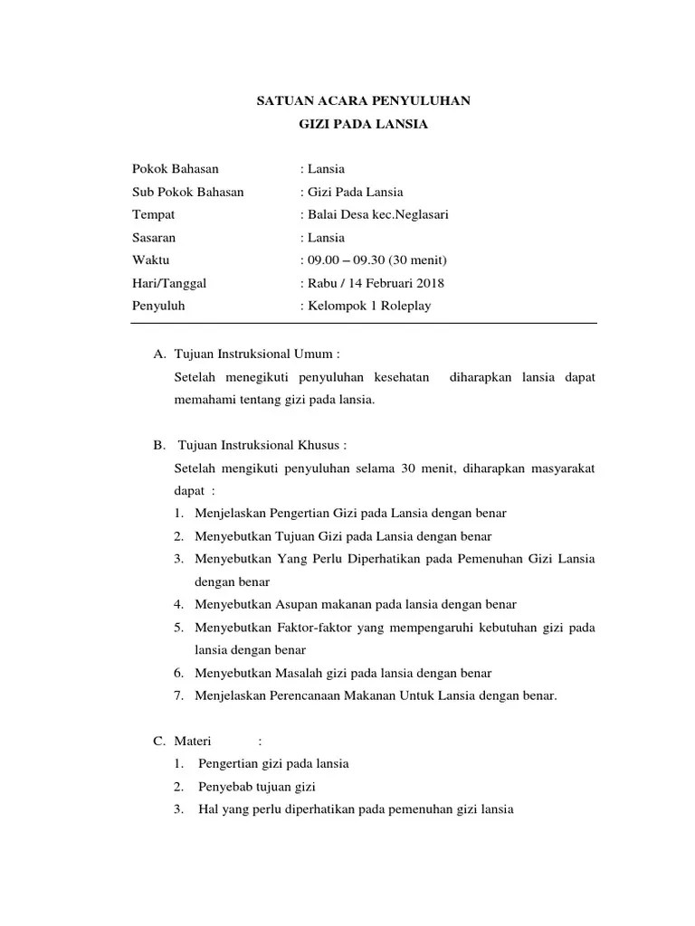 Satuan Acara Penyuluhan Gizi Pada Lansia | PDF