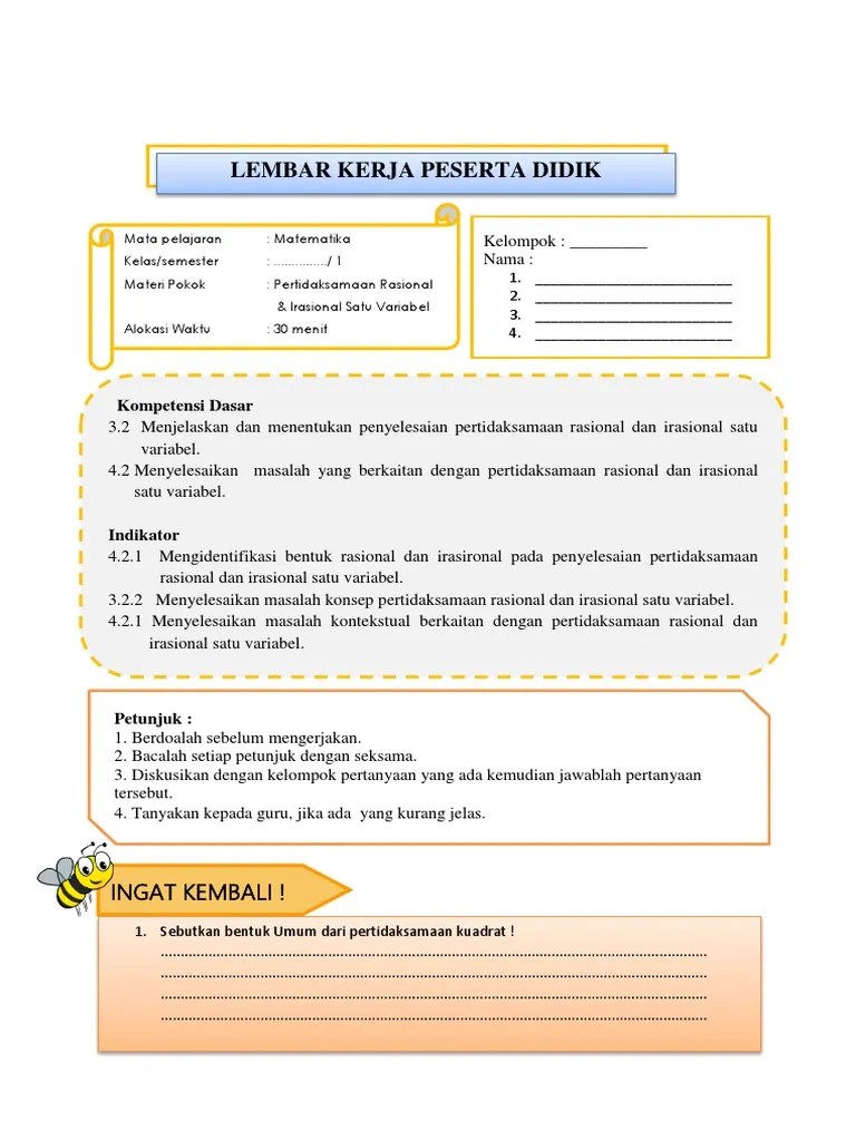 LKPD Pertidaksamaan Irasional Satu Variabel | PDF