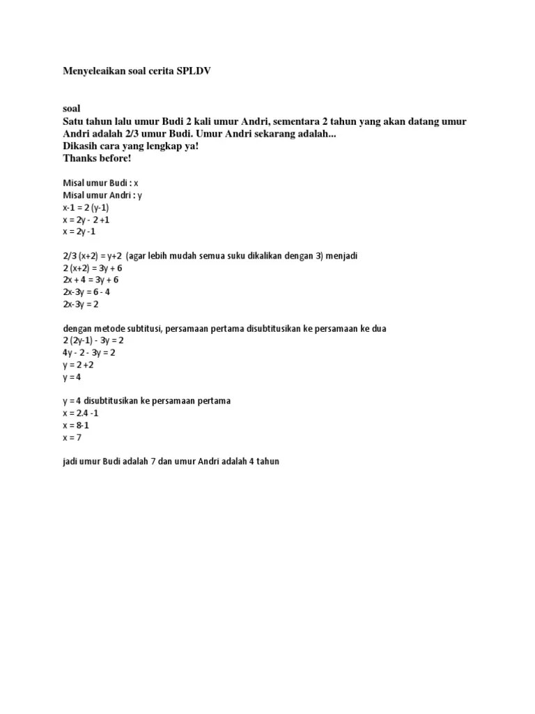 Menyeleaikan Soal Cerita SPLDV | PDF