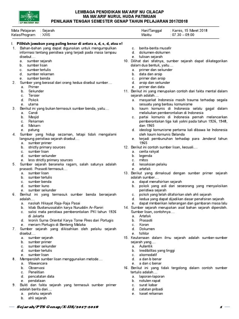 Soal PTS Genap Sejarah Peminatan Kelas X | PDF