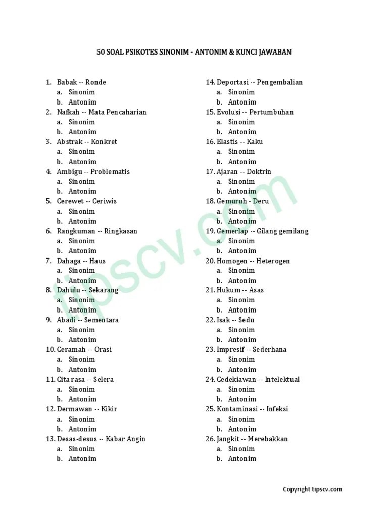 Soal Pilihan Ganda Tentang Antonym Beserta Jawabannya