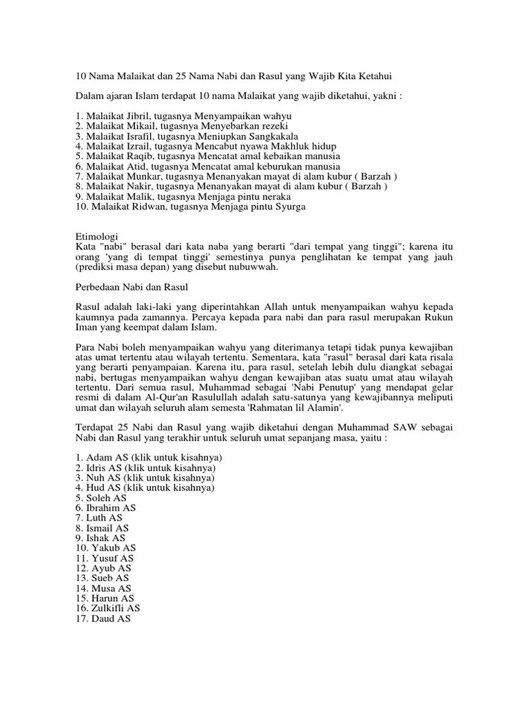 10 Nama Malaikat Dan 25 Nama Nabi Dan Rasul Yang Wajib Kita Ketahui | PDF