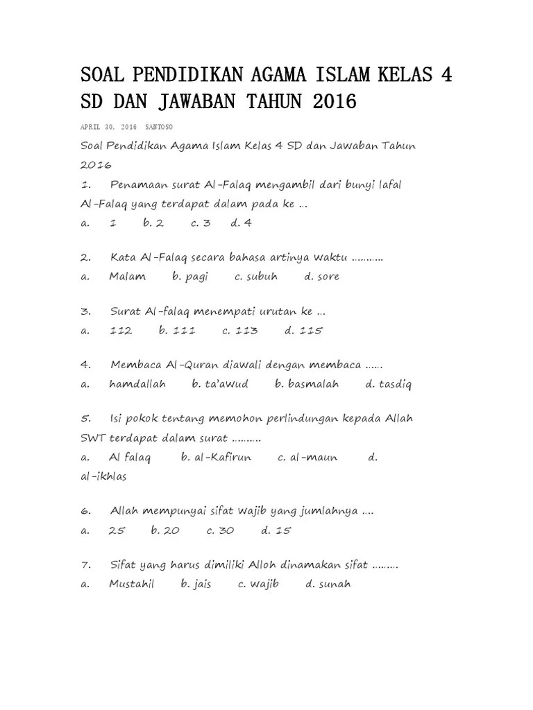 Soal Pendidikan Agama Islam Kelas 4 SD Dan Jawaban | PDF