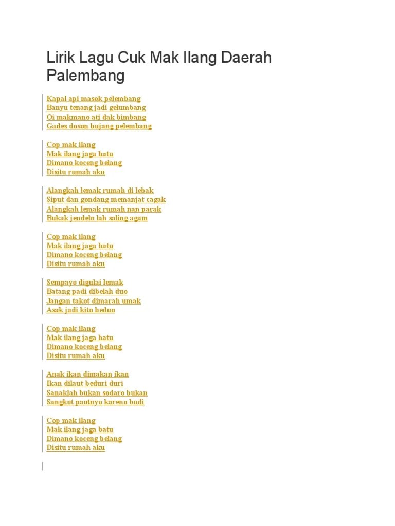 Lirik Lagu Cuk Mak Ilang Daerah Palembang | PDF