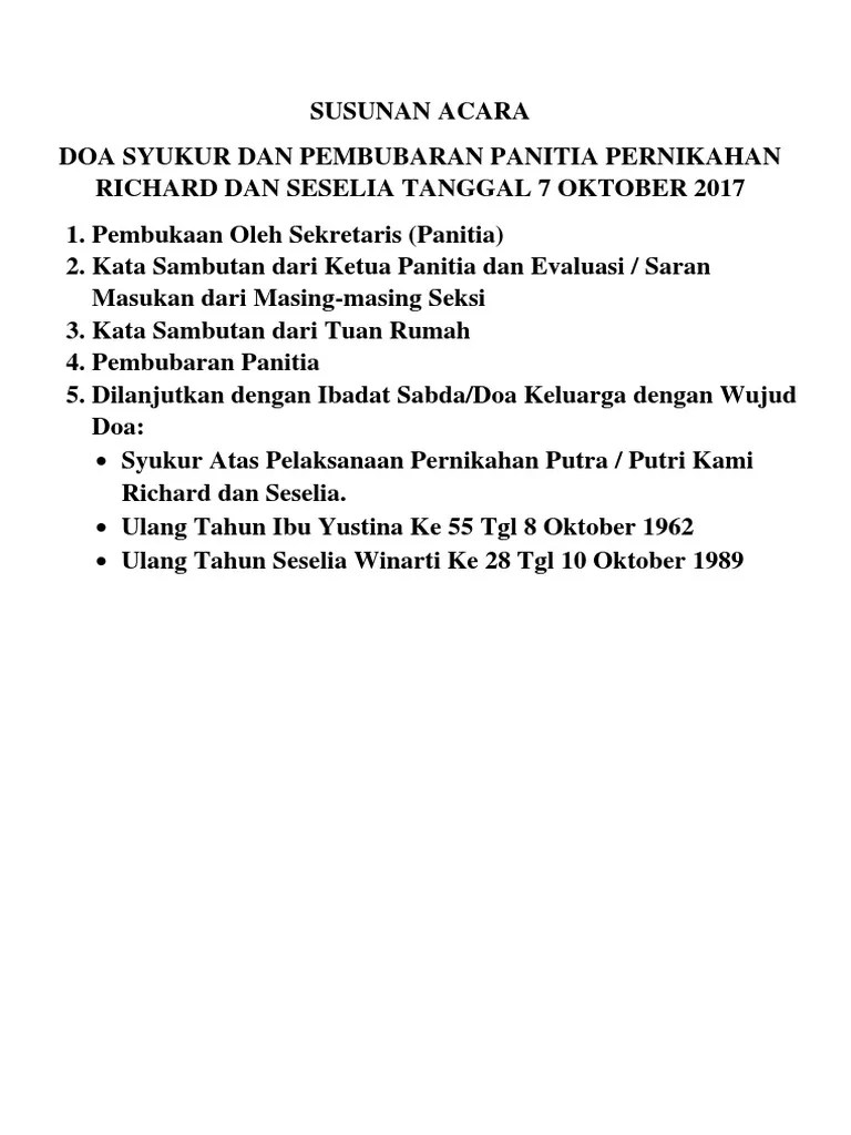 Susunan Acara Doa Syukur Dan Pembubaran Panitia Pernikahan Richard Dan  Seselia Tanggal 7 Oktober 2017 | PDF