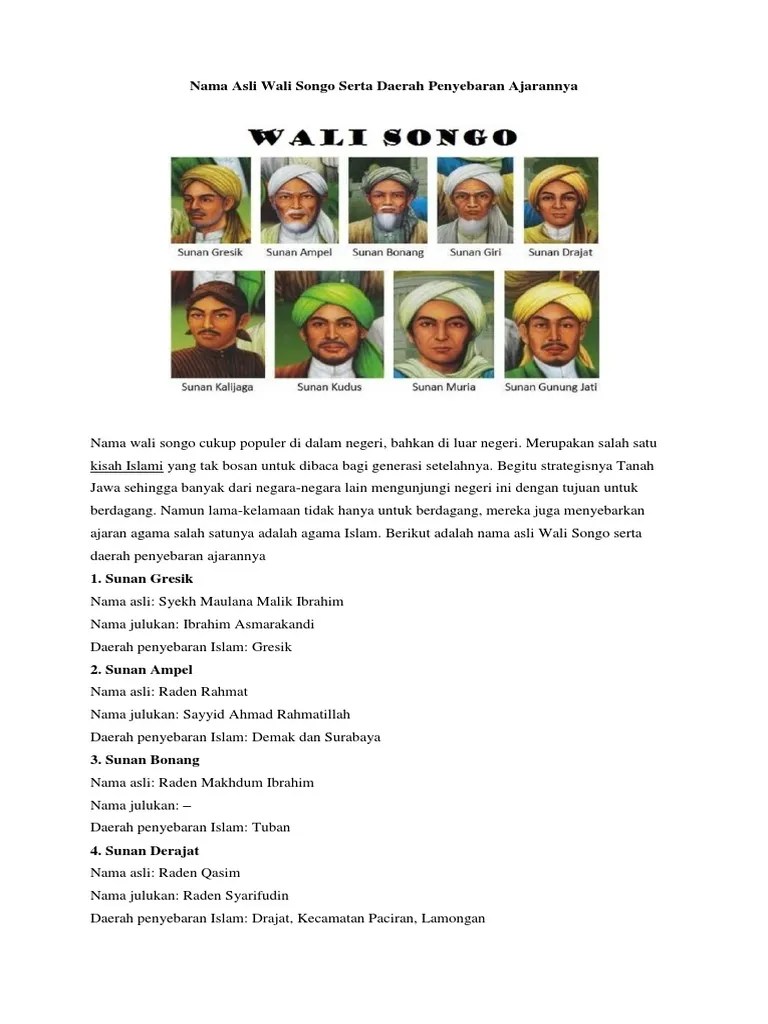 Nama Asli Wali Songo Serta Daerah Penyebaran Ajarannya | PDF