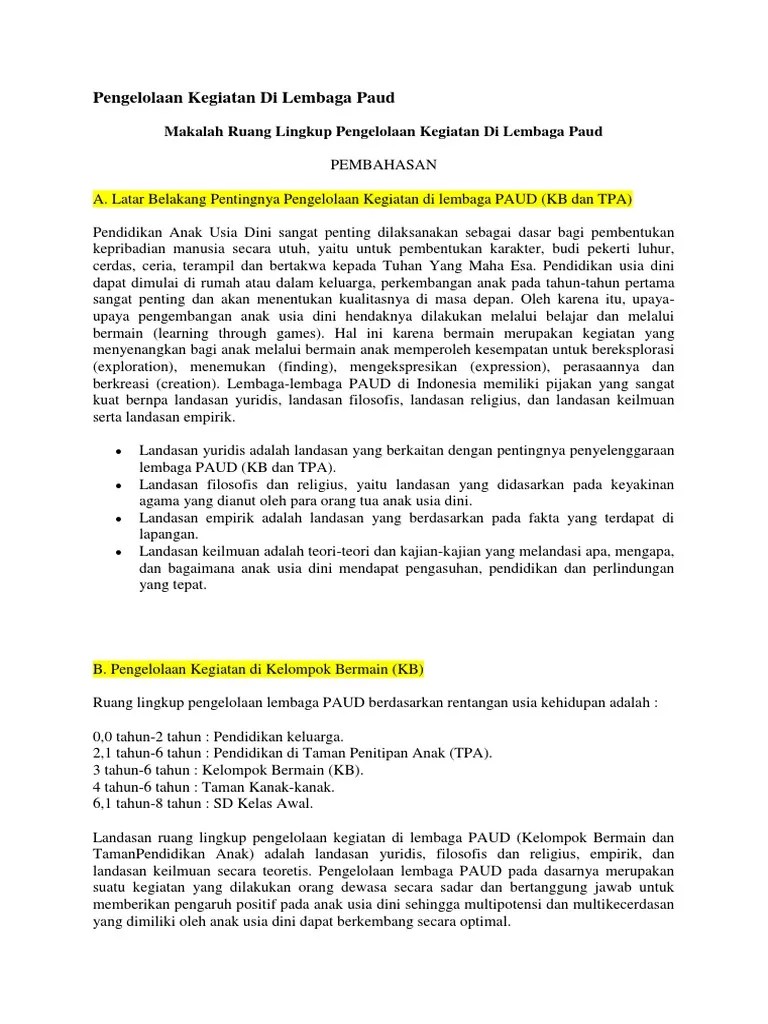 Makalah Ruang Lingkup Pengelolaan Kegiatan Di Lembaga Paud | PDF