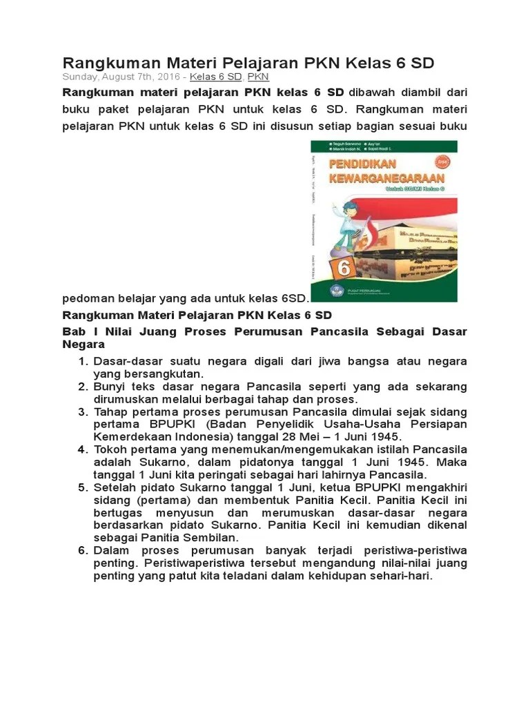 Rangkuman Materi Pelajaran PKN Kelas 6 SD | PDF