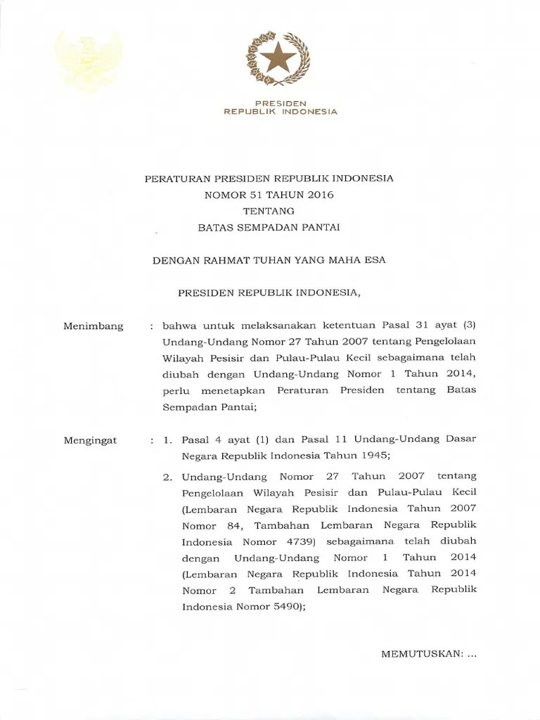 Perpres 51 Tahun 2016 Tentang Batas Sempadan Pantai Publish | PDF