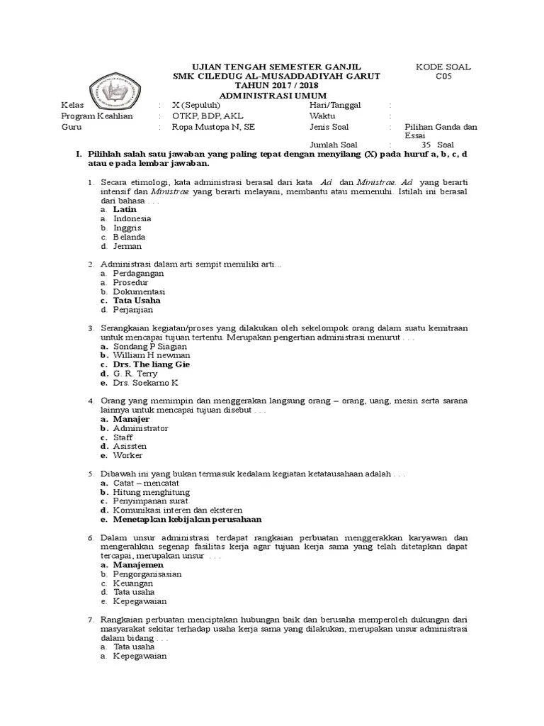 Contoh Soal Tes Administrasi Perkantoran Dan Jawabannya Pdf - Mathlaul  Khairiyah