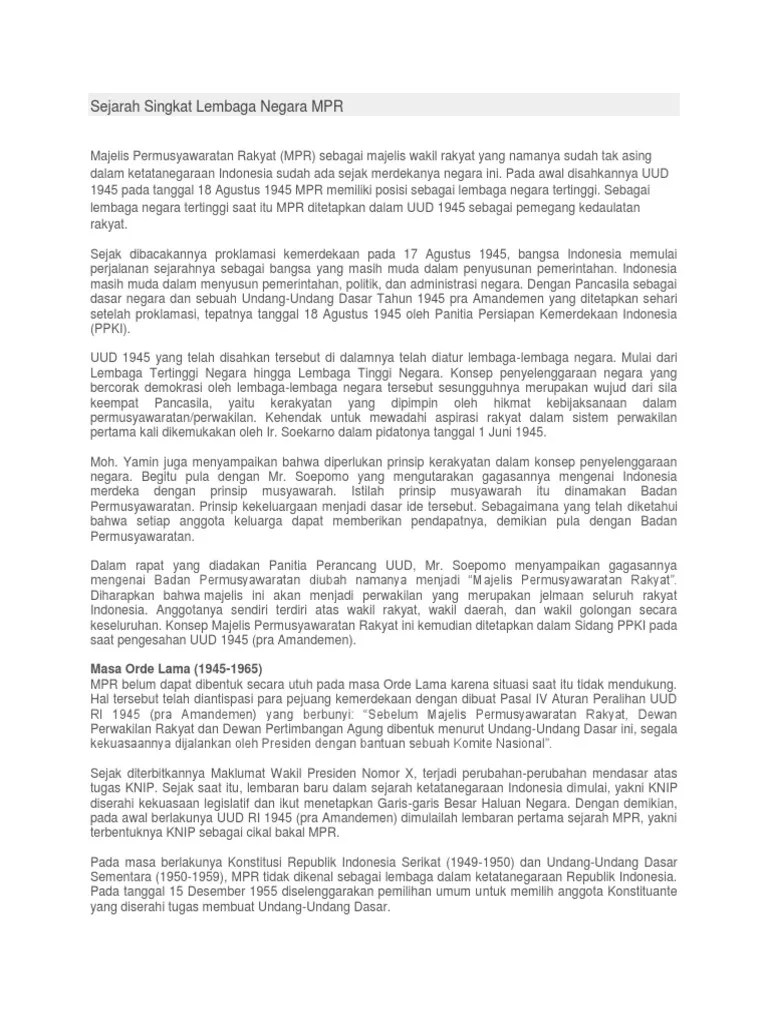 Sejarah Singkat Lembaga Negara MPR | PDF
