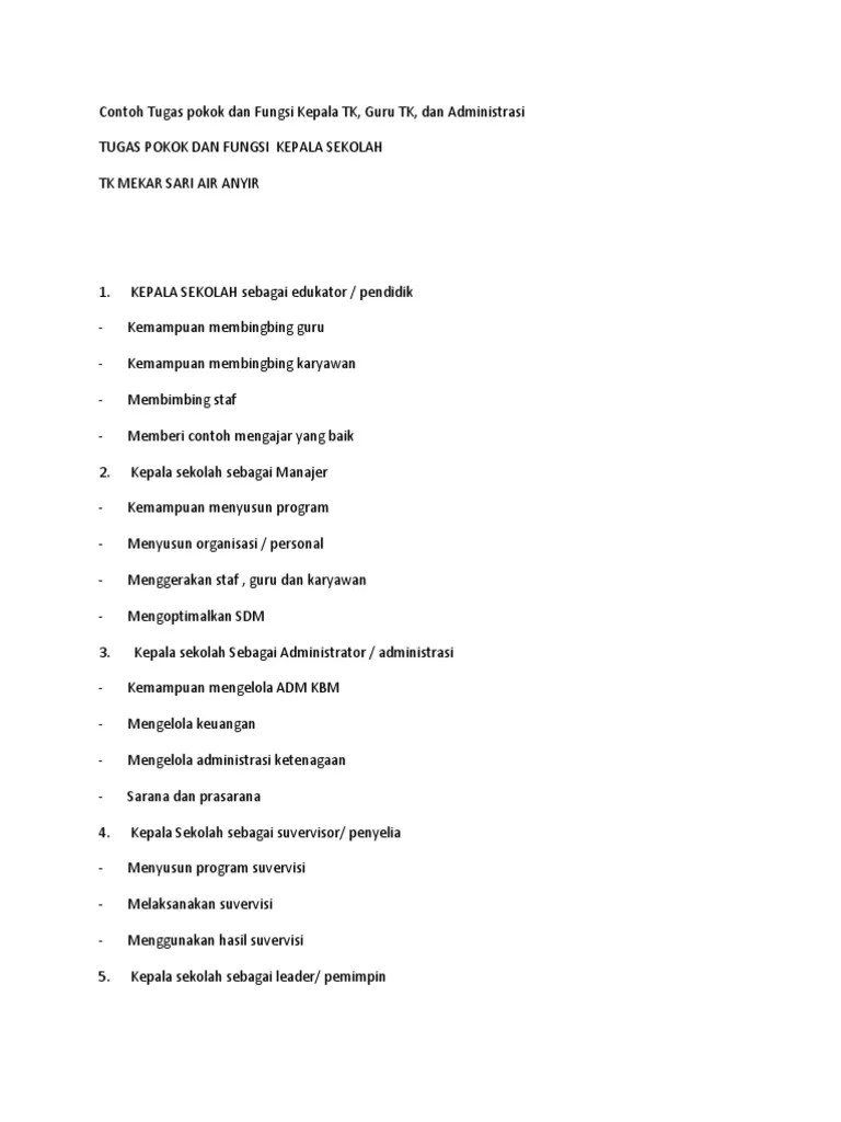 Contoh Tugas Pokok Dan Fungsi Kepala TK | PDF