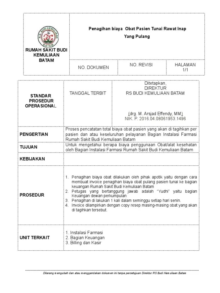 SOP Penagihan Biaya Obat Pasien Tunai Rawat Inap Yang Pulang | PDF