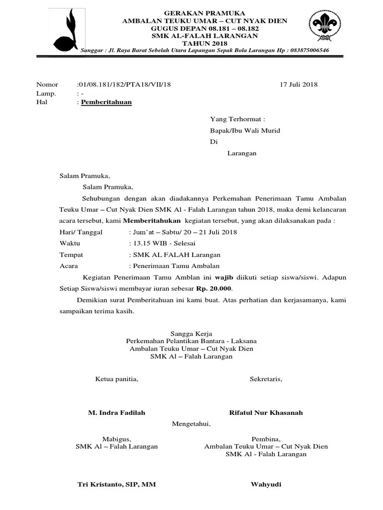 Surat Pemberitahuan Kegiatan Pramuka - Blog Materi Pramuka
