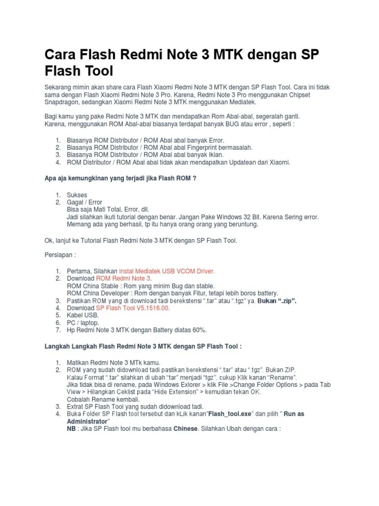 Cara Flash Redmi Note 3 MTK Dengan SP Flash Tool | PDF