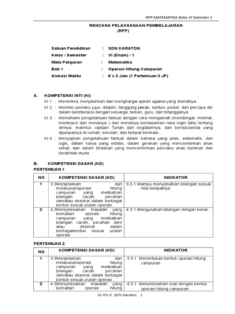 RPP MTK Kelas 6 | PDF