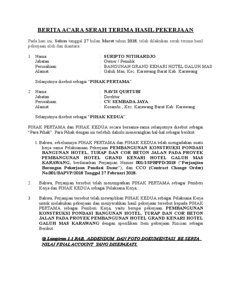 Contoh Berita Acara Serah Terima Pekerjaan Proyek Hotel | PDF