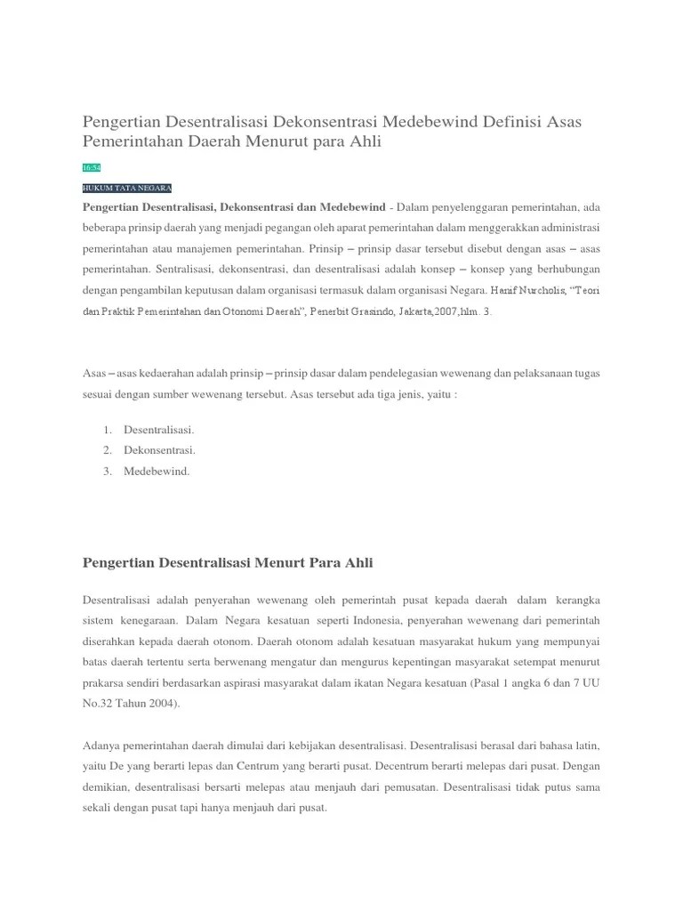 Pengertian Desentralisasi Dekonsentrasi Medebewind Definisi Asas  Pemerintahan Daerah Menurut para Ahli | PDF