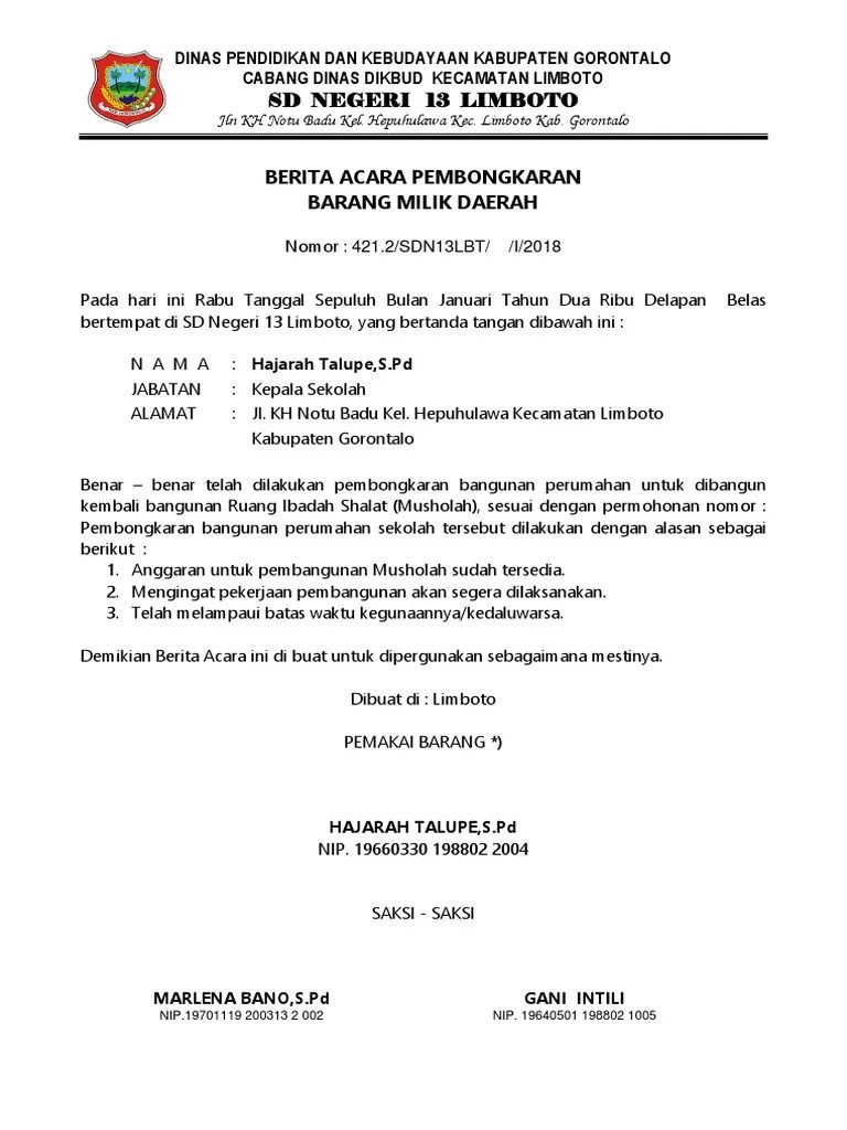 Berita Acara Pembongkaran Gedung SDN 13 Limboto | PDF