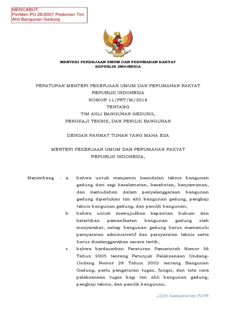 PermenPUPR 11-2018 - Tim Ahli Bangunan Gedung, Pengkaji Teknis, Dan Penilik  Bangunan | PDF