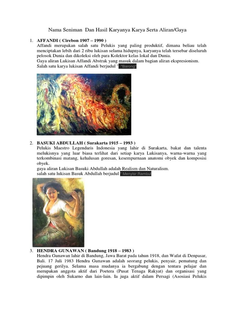 Nama Seniman Dan Hasil Karyanya Karya Serta Aliran | PDF