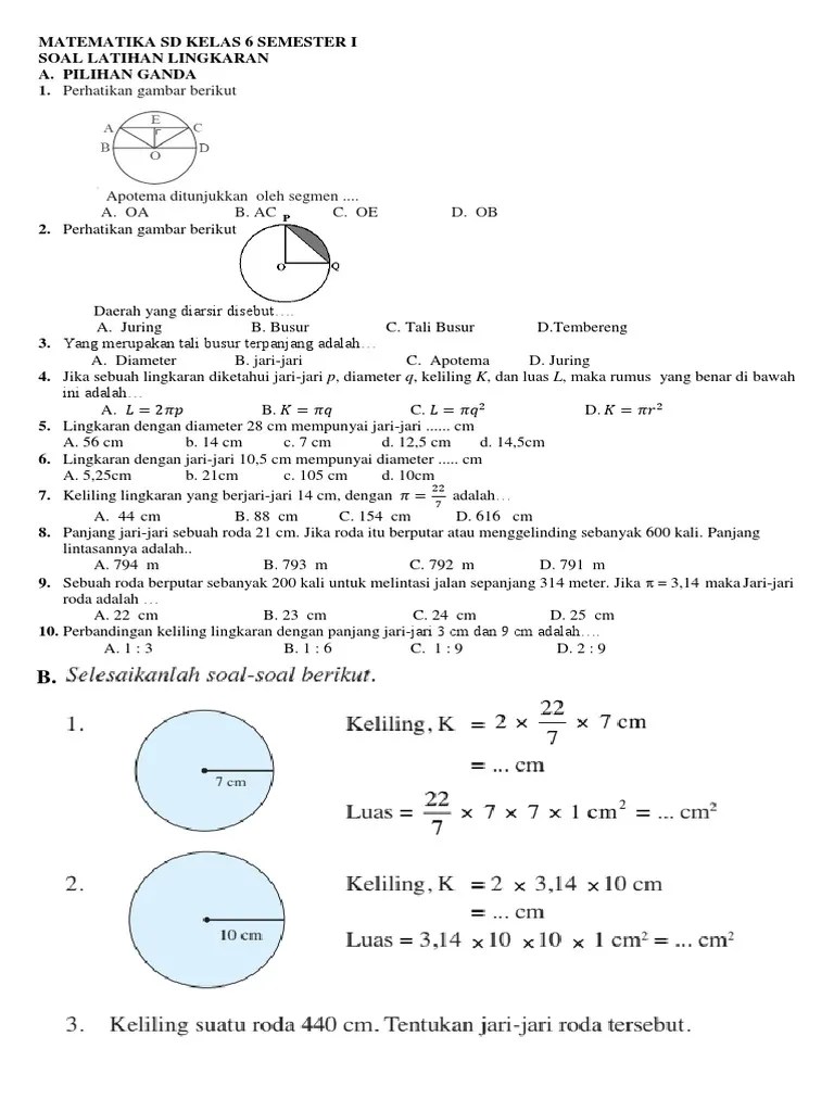 Matematika SD Kelas 6 Semester I Soal Lingkaran | PDF
