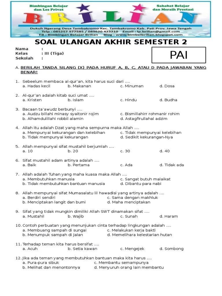 Soal UAS PAI Kelas 3 SD Semester 2 Dan Kunci Jawaban PDF | PDF