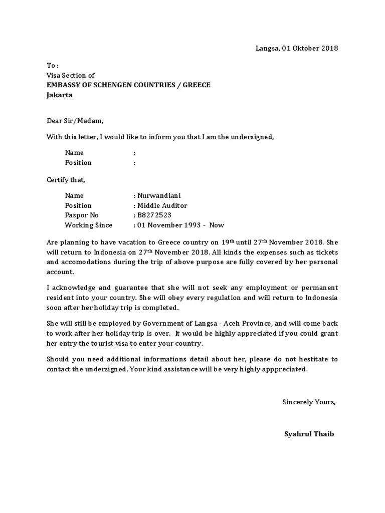 Surat Permohonan Visa Dalam Bahasa Inggris - Contoh Seputar Surat