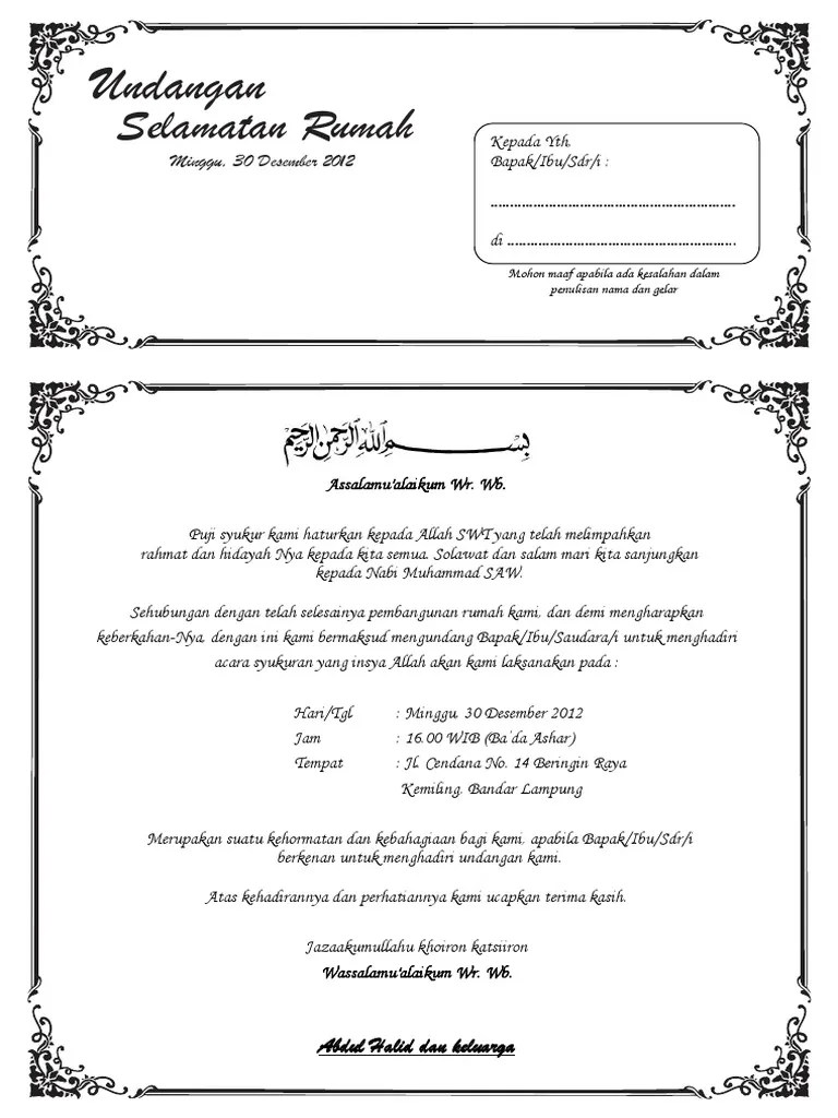 Contoh Surat Undangan Syukuran Rumah Baru | PDF