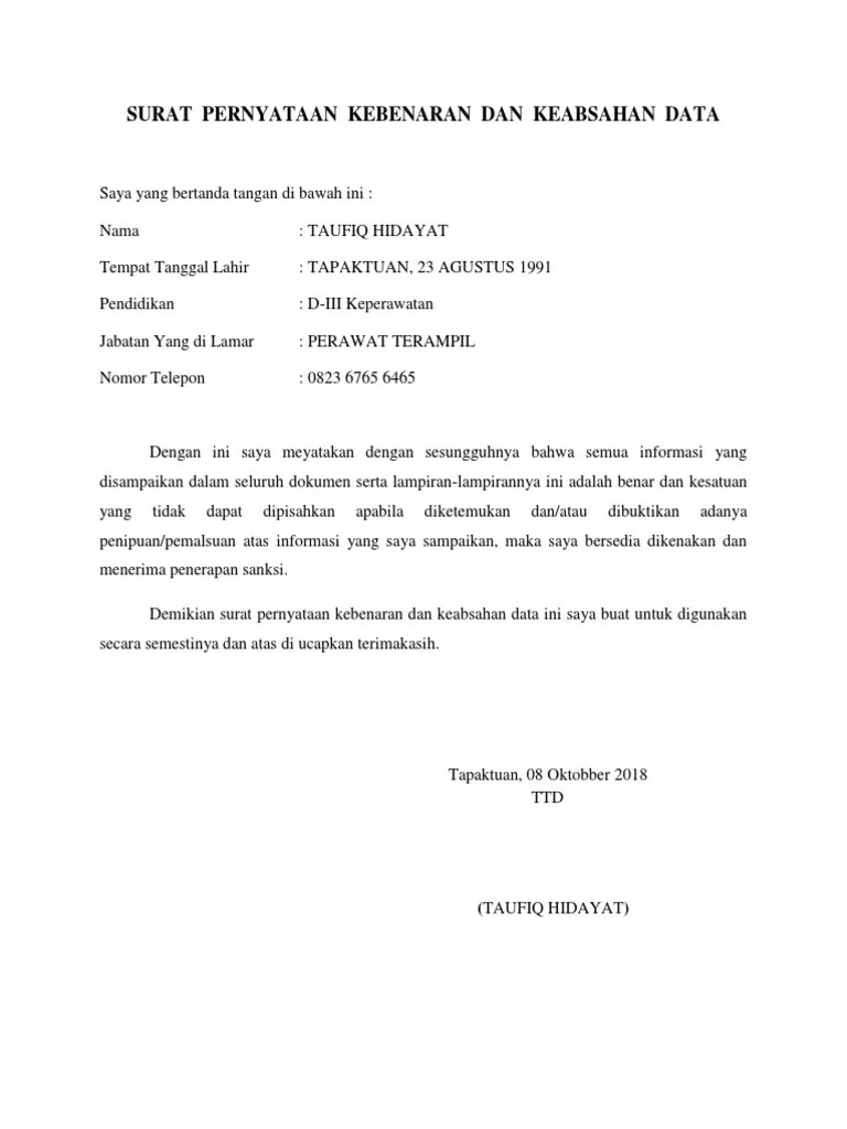 Surat Pernyataan Kebenaran Dan Keabsahan Data | PDF
