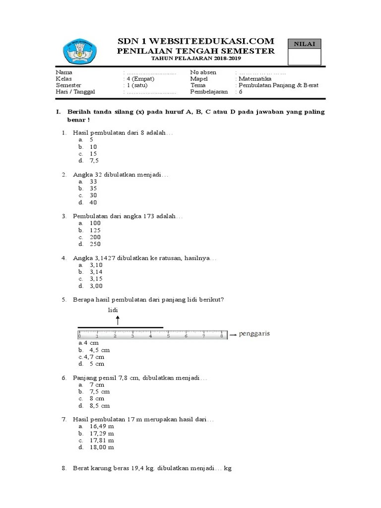 Soal MTK Kelas 4 Pembulatan Panjang Dan Berat | PDF