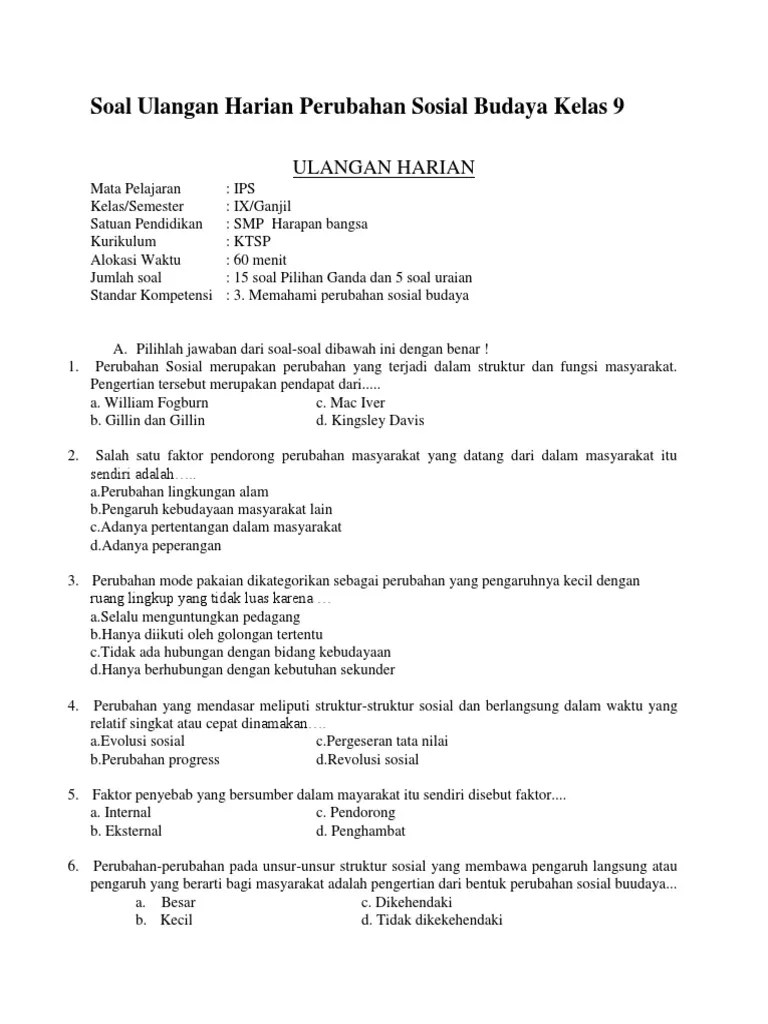 Contoh Soal Faktor Penyebab Perubahan Sosial Budaya