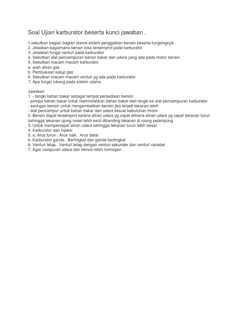 Soal Ujian Karburator Beserta Kunci Jawaban | PDF