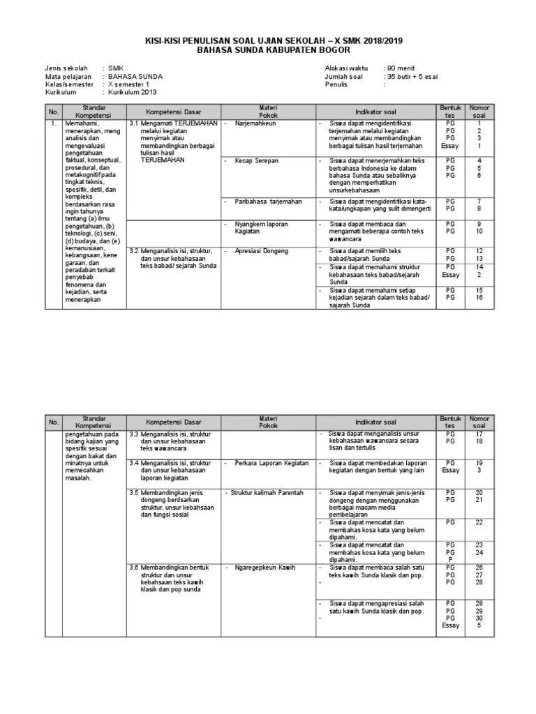 K13 KISI-KISI Bahasa Sunda X K 13 Semester 1 | PDF