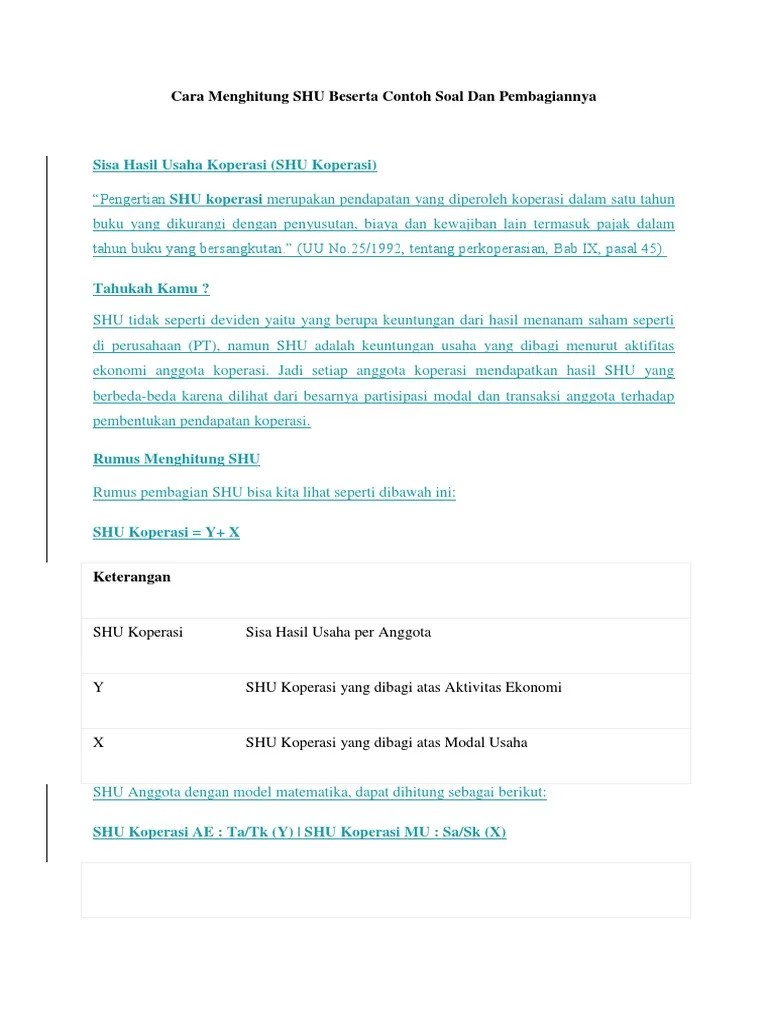 Cara Menghitung SHU Beserta Contoh Soal Dan Pembagiannya | PDF