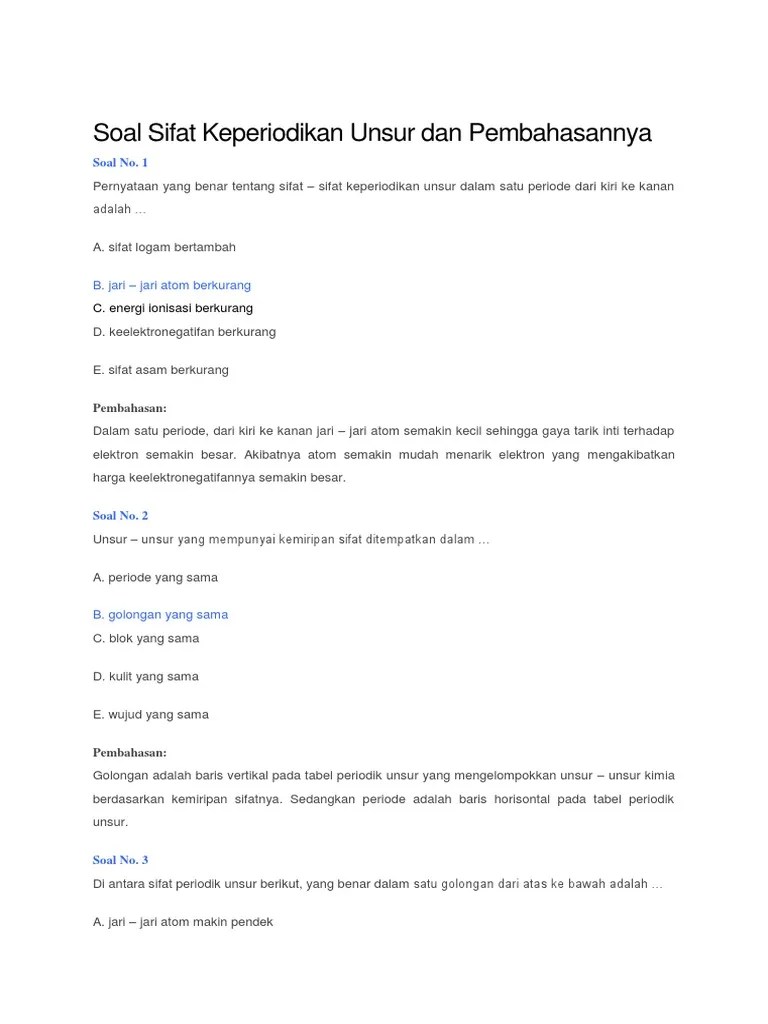 Soal Sifat Keperiodikan Unsur Dan Pembahasannya | PDF