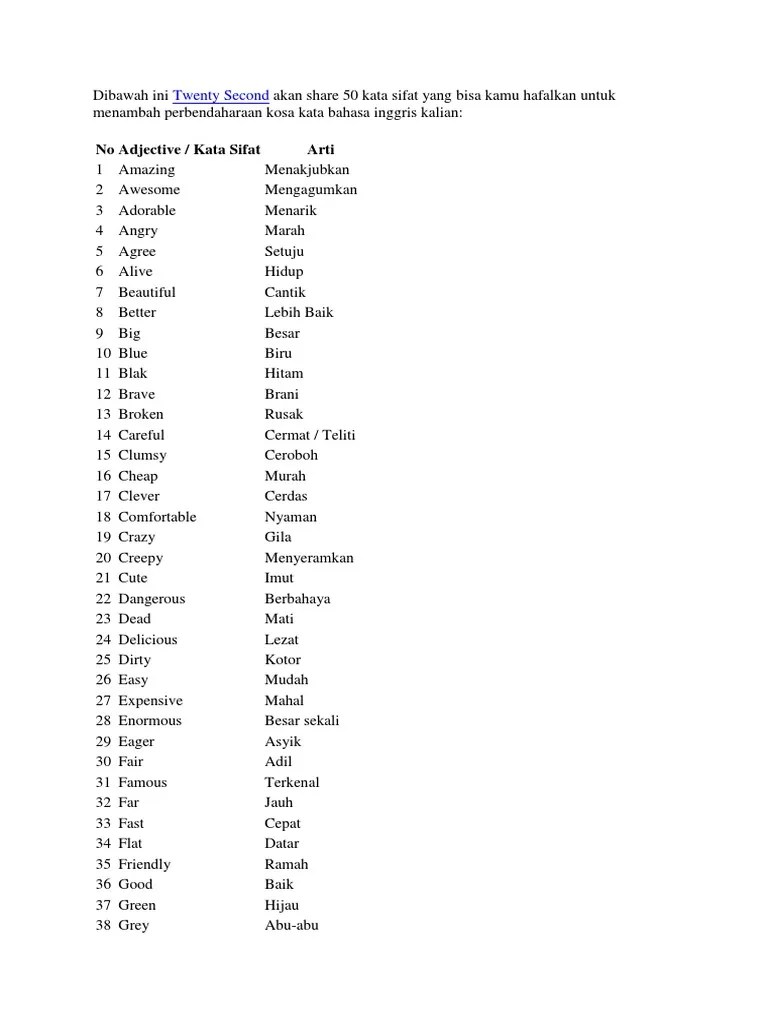 50 Kata Sifat Bahasa Inggris – Dengan