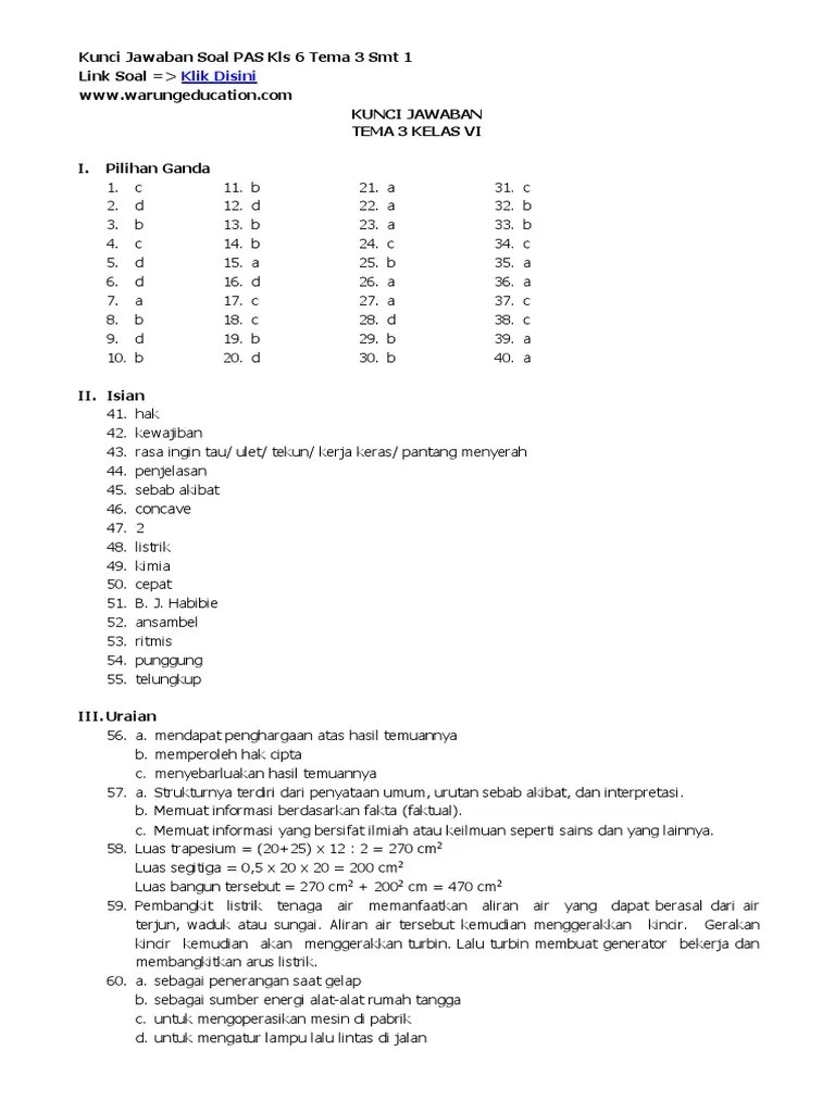 Kunci Jawaban Soal PAS / UAS Kelas 6 Tema 3 Semester 1/ Ganjil/ Gasal | PDF