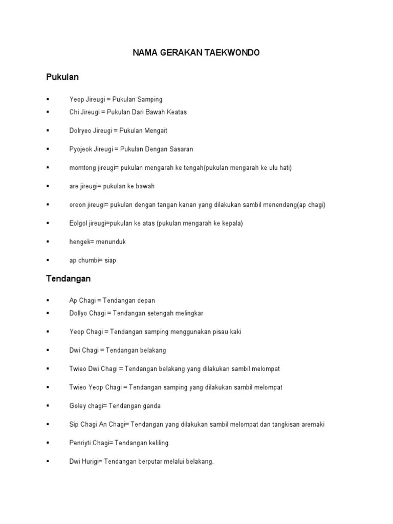 Nama Dan Gerakan Taekwondo | PDF