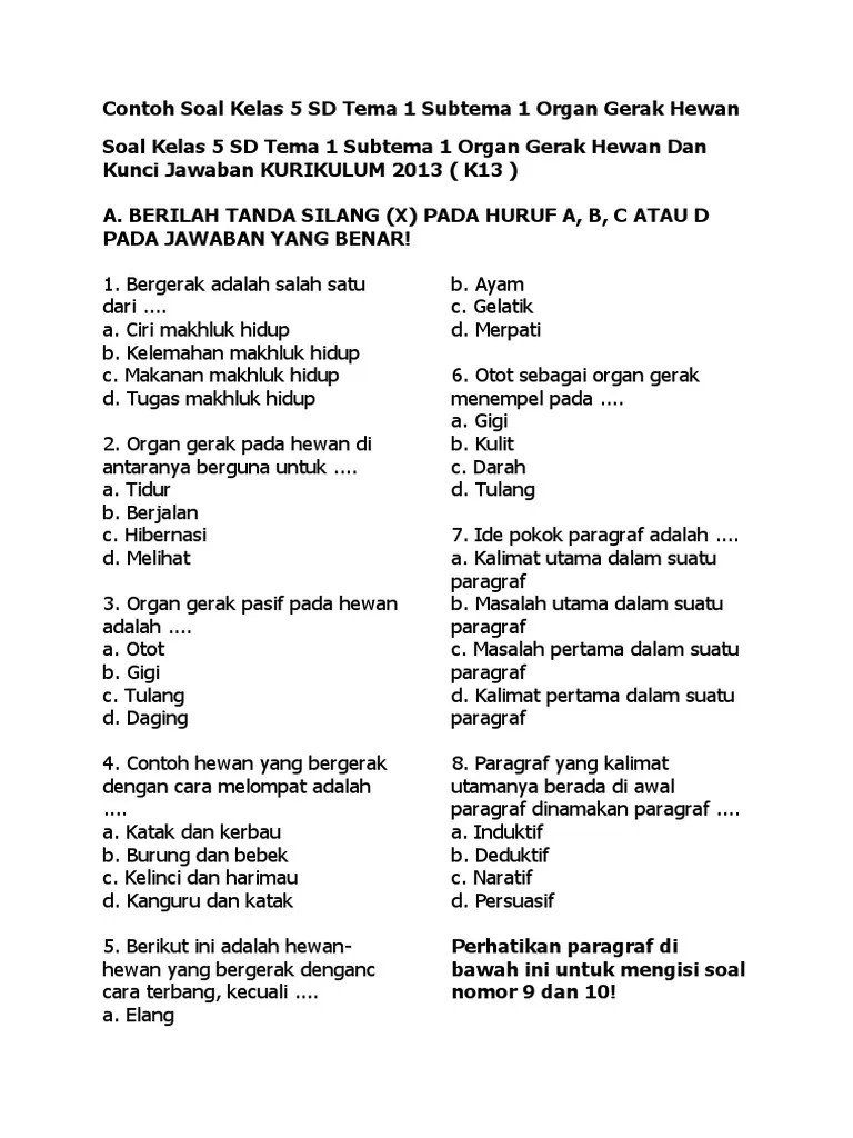 Contoh Soal Tematik Kelas 5 SD Tema 1 Subtema 2 Manusia Dan Lingkungan Dan  Kunci Jawaban | PDF