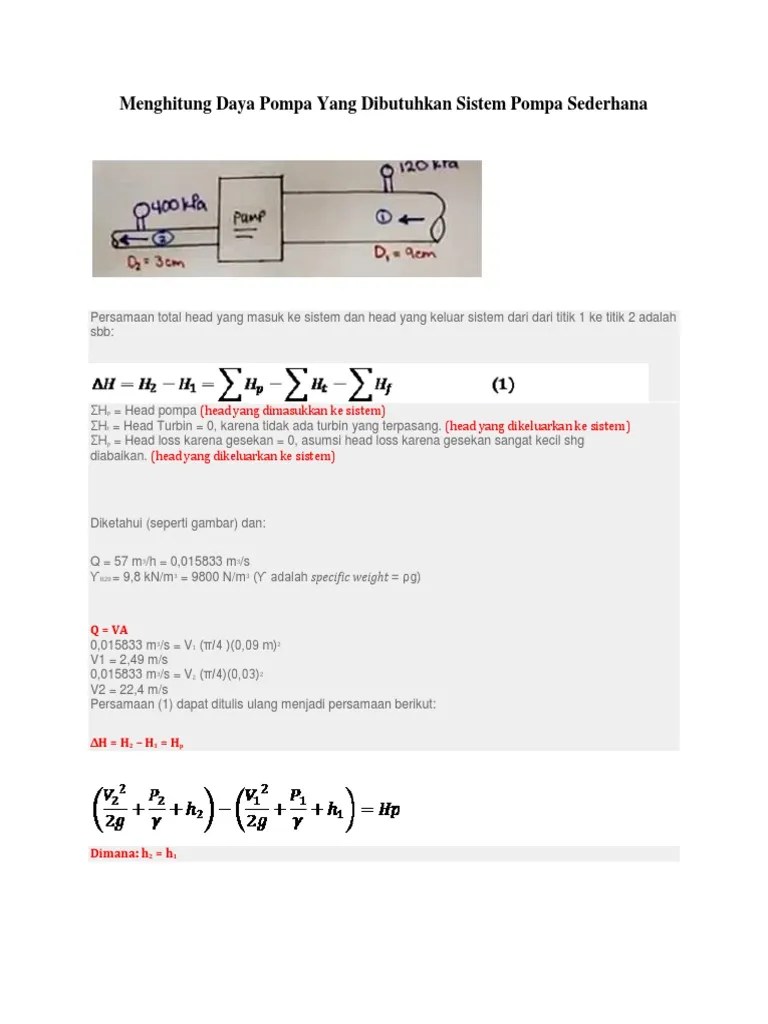 Menghitung Daya Pompa Yang Dibutuhkan Sistem Pompa Sederhana | PDF