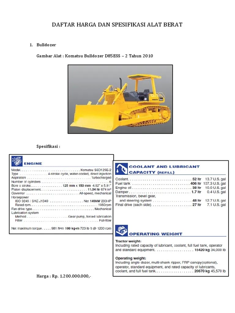 Daftar Harga Dan Spesifikasi Alat Berat | PDF
