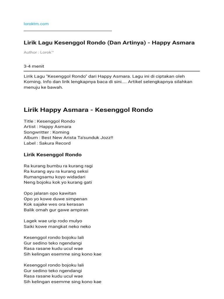 Lirik Lagu Balik Kanan Wae Happy Asmara