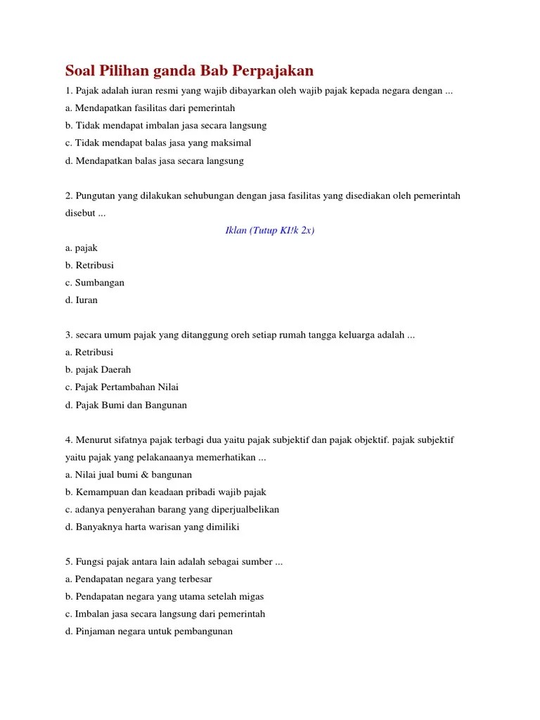 Contoh Soal Pajak Pilihan Ganda Beserta Jawaban