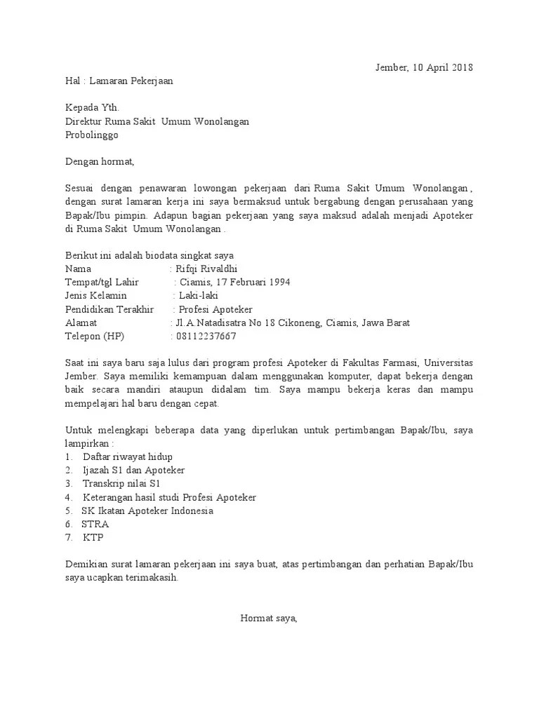 Contoh Lamaran Kerja Apoteker | PDF