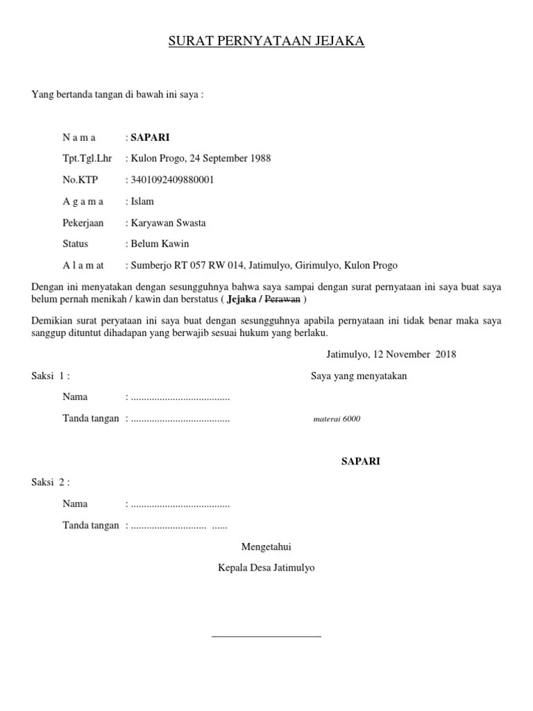Surat Pernyataan Jejaka | PDF