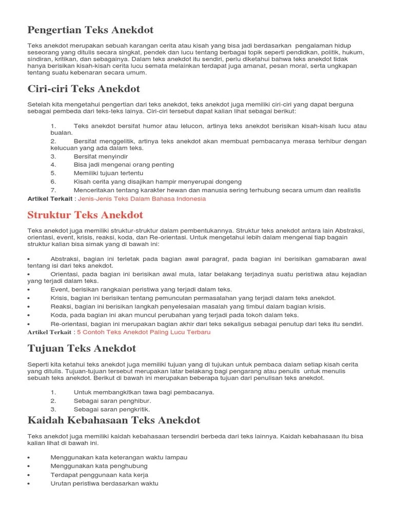 Ciri Ciri Teks Anekdot Bahasa Indonesia - Berbagai Teks Penting