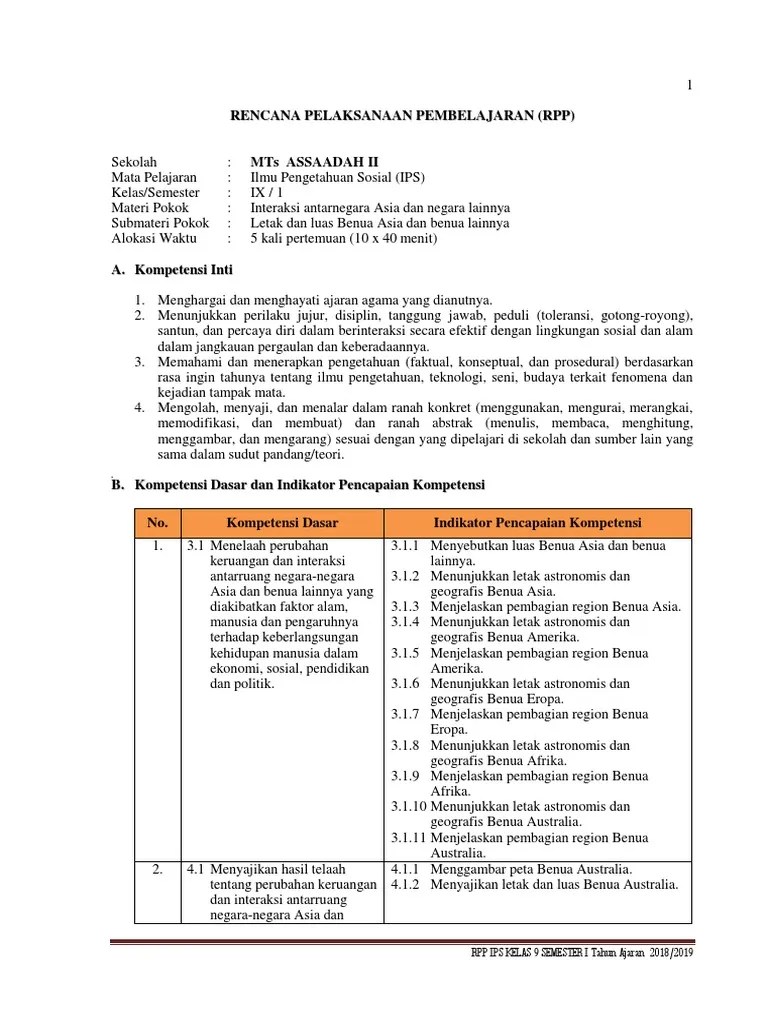 RPP IPS Kls-9 Tapel 2018-2019 | PDF
