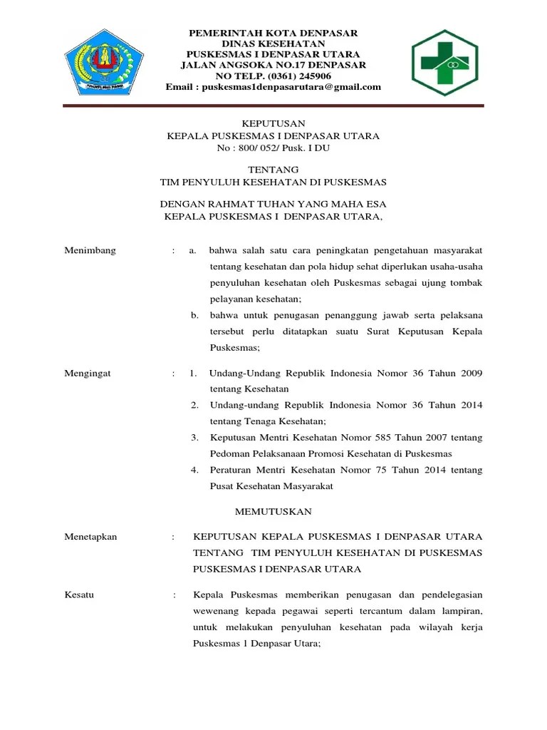 SK Tim Penyuluh Kesehatan Di Puskesmas | PDF