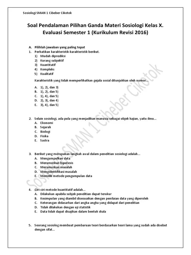 Soal Pendalaman Pilihan Ganda Materi Sosiologi Kelas X. Evaluasi Semester 1  (Kurikulum Revisi 2016) | PDF